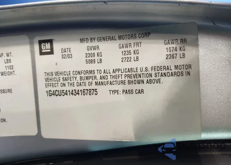 2003 Buick Park Avenue Ultra from USA, damaged, VIN 1G4CU541434167875